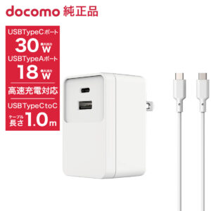正品 Docomo 雙埠交流電源轉接器 01M，配備 1.0 公尺 USB Type-C 轉 C 線纜，支援 iPhone 15、Android 和 Switch 快速充電